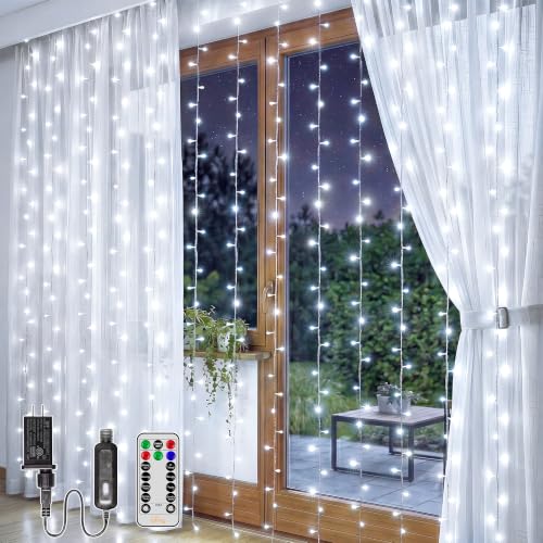 Ollny 200LED Curtain Lights 6.6ftx6.6ft, Cool White String Lights Plug in - color: Cool White, size: 200 LED