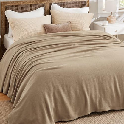 Bedsure 100% Cotton Blanket, Herringbone Weave, Queen Size, Light Brown - color: 00 - Light Brown, size: Queen