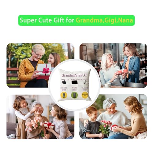 ONFAON Grandma Gifts, Grandma's Spot Throw Pillow Covers 18x18 Inch,Put Phone Glasses and Remote Control Pillowcase,Birthday Christmas Thanksgiving Day Gifts for Grandma Mom,3-Pocket - color: Grandma 3-pocket