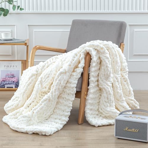 WESHIONGOO Chunky Knit Blanket Throw 50"×60" Knitted Throw Blankets for Couch Bed Fluffy Soft Blanket with Jumbo Chenille Yarn Thick 100% Handmade (Cream White) - color: Cream White, size: 50"x60"