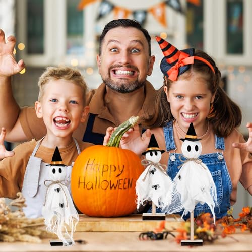 Tellegloww 3 Pcs Halloween Ghost Centerpieces Wooden Stand with Witch Hat