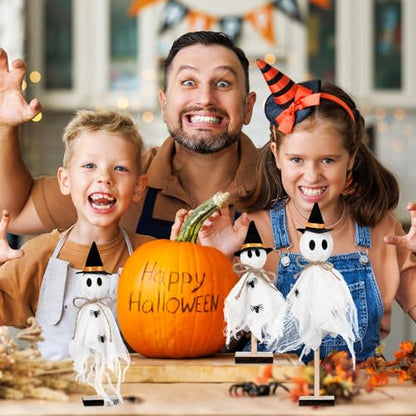 Tellegloww 3 Pcs Halloween Ghost Centerpieces Wooden Stand with Witch Hat