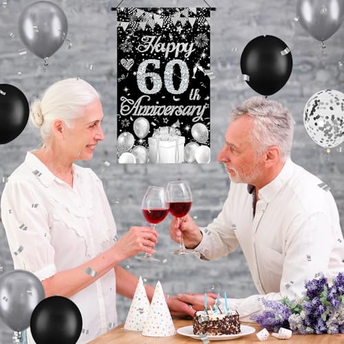 60th Anniversary Decorations Small Banner Black Silver Happy 60th Anniversary Door Hanging Banner Porch Front Door Decor for Women Men 60 Years Diamond Wedding Anniversaries Cruise Door Sign Supplies - color: Silver