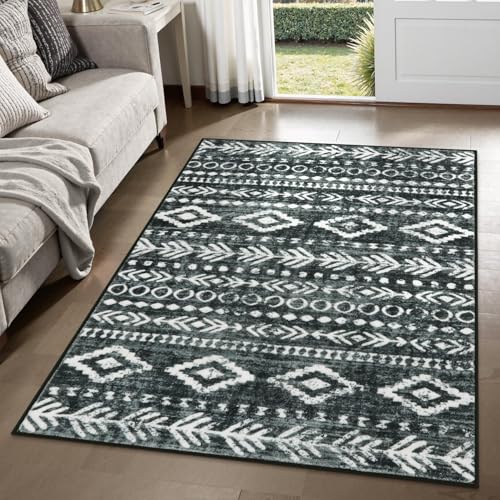 Lahome Moroccan 3x5 Kitchen Rugs Non Slip Washable, Black and White Boho Rug Low-Pile Soft Office Area Rugs, Rustic Tribal Print Modern Indoor Entry Rug Floor Carpet for Entryway Laundry Room Varena - color: Black/White, size: 3' x 5'