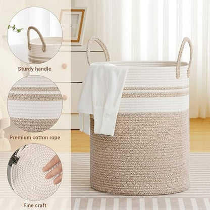 88L Large Tall Cotton Rope Laundry Basket with Handles, White & Brown - color: Brown & White, size: 88L