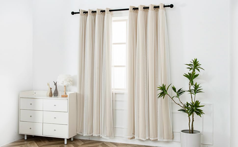 INLINAS Blackout Curtains with Sheer Overlay, Beige, 52x96 Inches - color: Beige, size: 52"W x 96"L (Pack of 2)