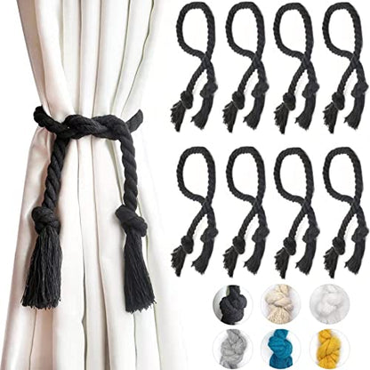 8 Pack Curtain Ties Rope, Outdoor Curtain Tiebacks for Patio Gazebo Pergola Cabana, Natural Cotton Curtain Holders, Village Rural Rustic Farmhouse Curtain Holdbacks for Drapery, Black - color: Black Rope 8 Pack