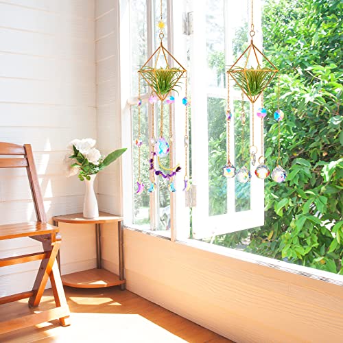 Yookeer 3 Pcs Air Plant Hanger Golden Geometric Metal with Crystal Chain