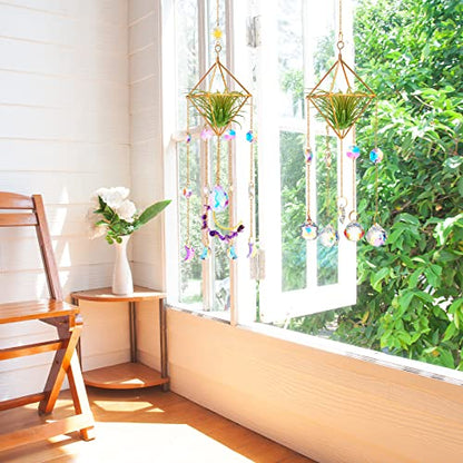 Yookeer 3 Pcs Air Plant Hanger Golden Geometric Metal with Crystal Chain