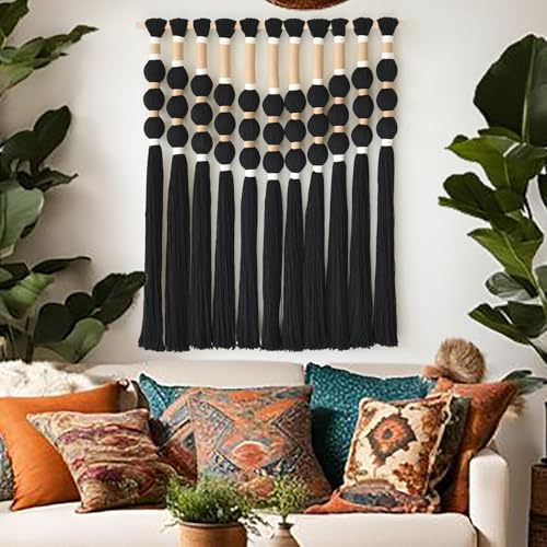 Macrame Wall Hanging Black Knot ball Fiber Wall Art Handmade 27"W*33"L - color: Black