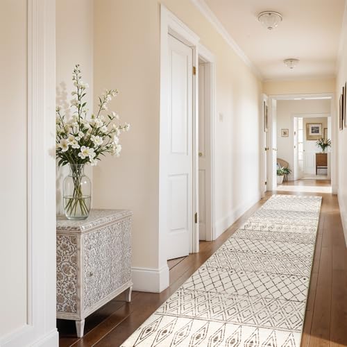 2'6"x12' Hallway Runner Rug Moroccan: Machine Washable Runner Rugs Beige - color: Geo Beige, size: 2'6" x 12' (Rectangular)