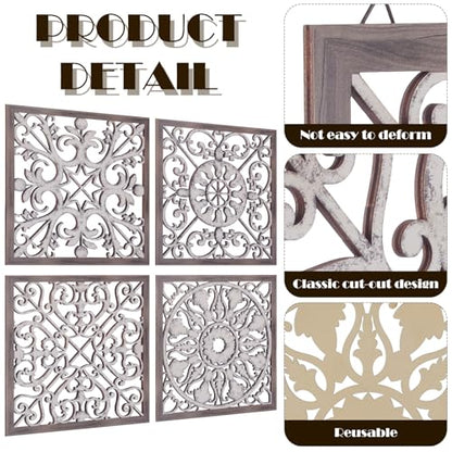 Tatuo 4 Pcs Wood Art Wall Decor Farmhouse Decorative Wood Panels Modern Wall Decor for Living Room Home Kitchen Dining Room(Square,Brown, White)