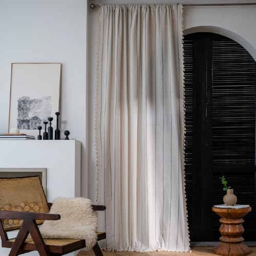 Natural Linen Blended Farmhouse Stripe Curtains Semi Sheer Living Room Light Filtering Boho Window Curtains Panels Drapes with Tassel Vintage Country Style 2 Panels Set 59"W x 86"L (Pack of 1) - color: White, size: 59"W x 86"L (Pack of 1)
