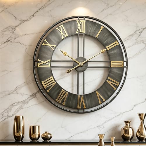 Dankeit Large Wall Clock,24inch Metal Wall Clocks,Quality Quartz Movement Roman Numerals Clock for Living Room Bedroom Kitchen Decor,Silent Oversize Clock Battery Powered - color: F
