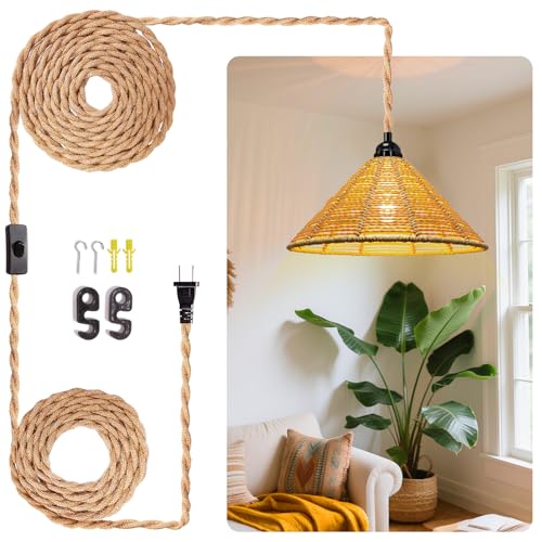 Maliralt Hanging Lamps Rattan Pendant Light - 16.4ft Plug in Cord Hanging Light Fixture Plug Into Wall Outlet Pendant Lighting with On Off Switch for Bedroom Living (Industrial Shade) - size: 7.88 Inch - Industrial Shade