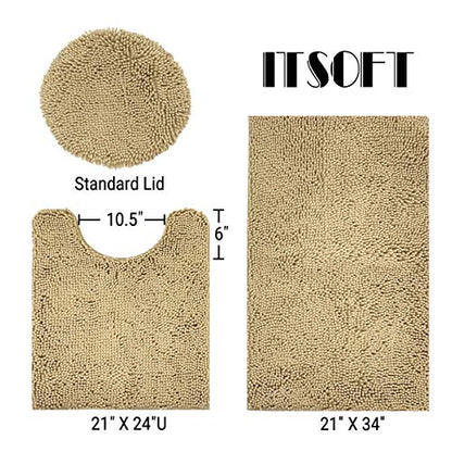 ITSOFT Standard 3pc Non-Slip Shaggy Chenille Bathroom Mat Set, Includes 24"x21" U-Shaped Contour Toilet Rug, 34"x21" Inches Bathmat and 1 Toilet Lid Cover, Beige - color: Beige, size: 24''x21’’, 34’’x21’’ and TLC (Set)