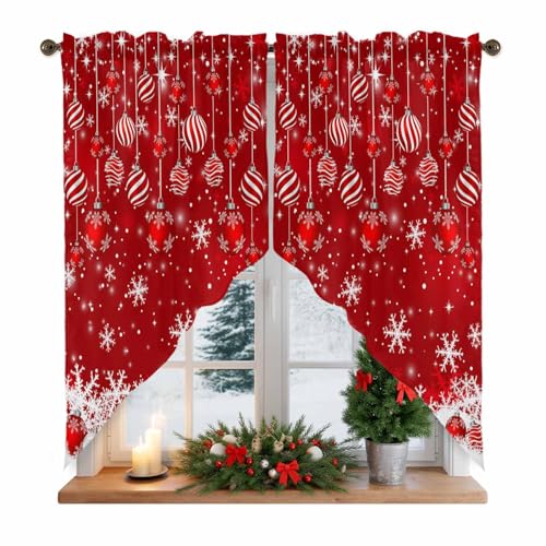 Red Christmas Swag Valances Kitchen Curtains 36 Inches Length,Christmas Balls Tier Drapes Swag Topper,Winter White Snowflake Xmas Short Window Treatment for Small Window Cafe Bathroom 2 Panels 28"x36" - color: Red White, size: 28"W x 36"L (Pack of 2)