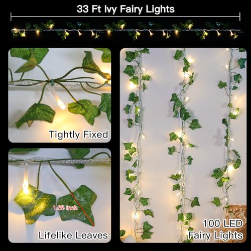 suddus 33FT 100 LED Ivy Vine with Fairy Lights Plug in Clear Wire - color: IVY, size: 100 LED-Plug
