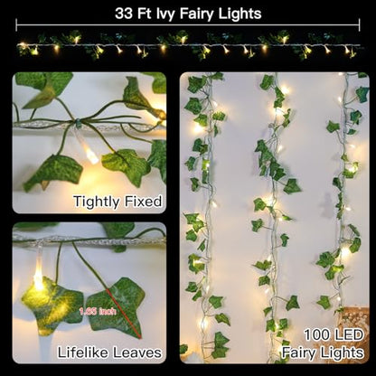 suddus 33FT 100 LED Ivy Vine with Fairy Lights Plug in Clear Wire - color: IVY, size: 100 LED-Plug