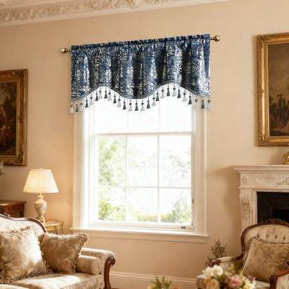 Leeva Navy Velvet Window Valance 52 x 18, 1 Panel, Floral Foil Print - color: Navy
