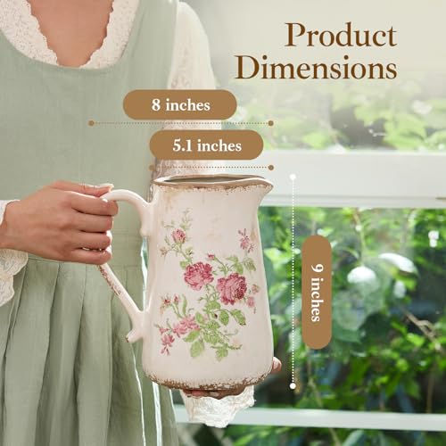 Retro Rustic Large Ceramic Vase with Handle, Distressed Farmhouse Pitcher for Home, Ideal Shelf Decor, Red Rose Floral Vase for Living Room Bedroom Office Table Centerpiece Decorations 9 Inch - color: Pink Flora, size: Large Pitcher