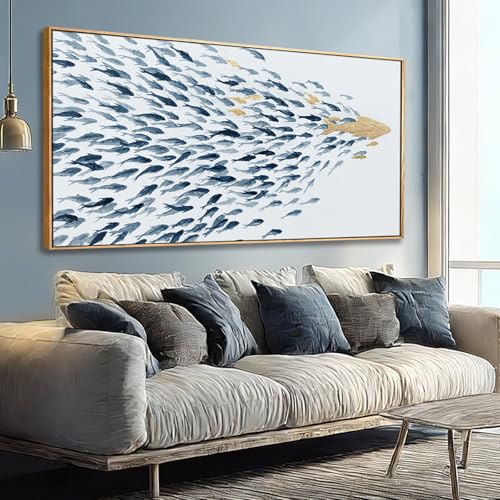 Minimalist Framed Wall Art Fish Animal Ocean Blue Gold Modern Canvas Prints 29"x58" Large Pictures Artwork for Living Room Kitchen Wall Art Decor - color: Blue, size: 58"L x 29"W