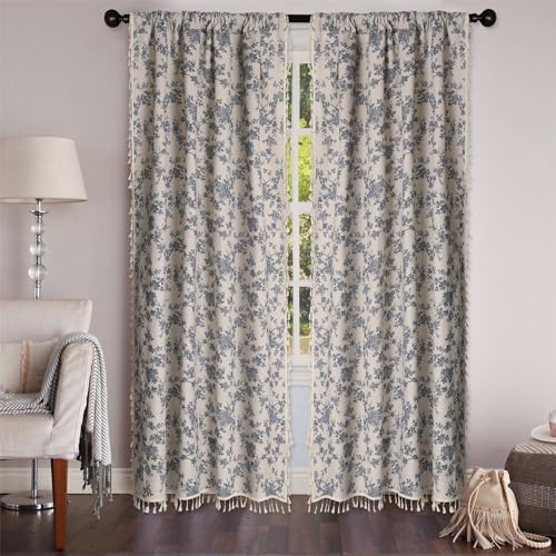 1 Pair Blue Floral Linen Curtains Rustic Country Style Light Filtering Rod Pocket Window Drapes Beige Tassels, 52" W x 63" L - color: Cymbidium, size: 52"W x 63"L (Pack of 2)
