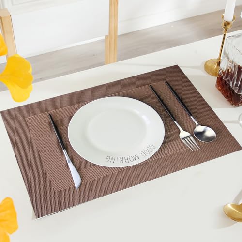 PIGCHCY Durable Plastic Placemats - Heat Resistant, Washable Woven Table Mats - Set of 4 (Coffee Brown) - color: Box: Brown Coffee, size: 4 Placemats