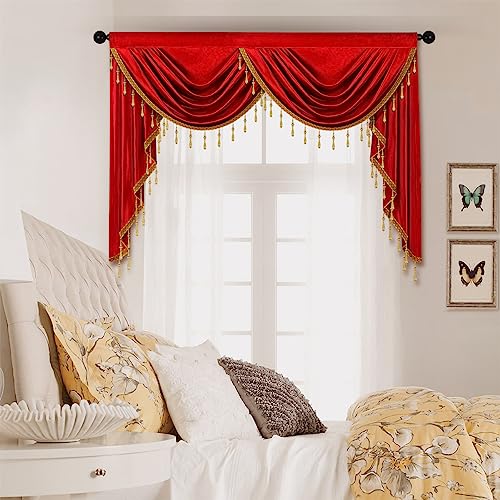 ELKCA Luxury Burgundy Red Velvet Curtain Valances for Living Room with Beads(59inch,1 Panel) - color: Burgundy Red, size: 59"W x 43"L (Pack of 1)