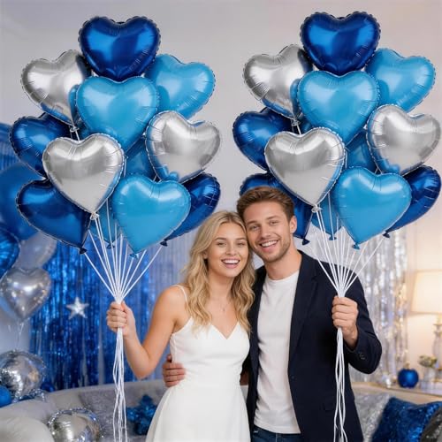 Blue Silver Heart Foil Balloons,12Pcs 18Inch Heart Shaped Balloons - color: Dark Blue Silver
