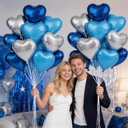 Blue Silver Heart Foil Balloons,12Pcs 18Inch Heart Shaped Balloons - color: Dark Blue Silver