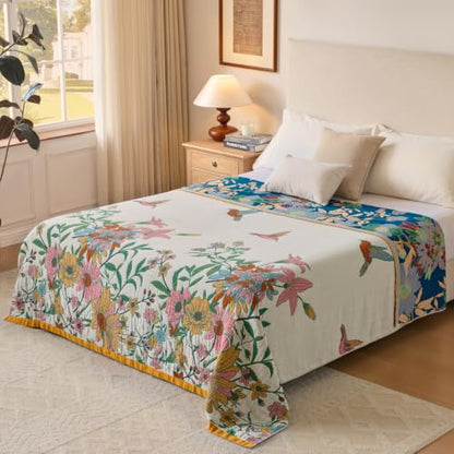 Boho Throw Blanket, 100% Soft Cotton Floral Quilt, Throw 50"x 60" - color: Plain Bird, size: Throw 50"x60"