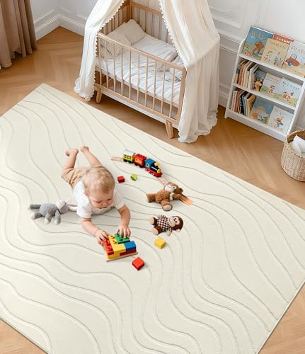 YIHOUSE 6x9 Abstract Wave Striped Area Rug, Modern Washable High-Low Pile Rug, Soft Textured Carpet for Living Room, Bedroom,Dining Room, Beige Ivory White - size: 6' x 9'