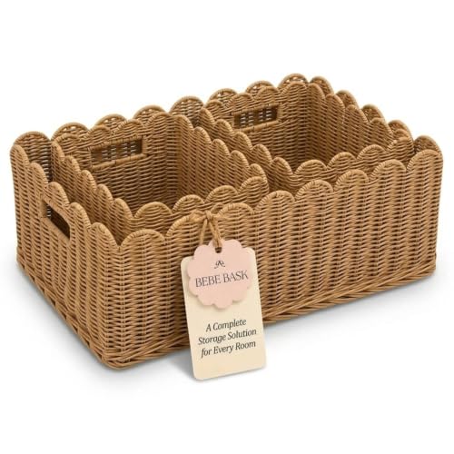 BEBE BASK Handwoven Scalloped Wicker Basket Set of 3 (17 × 13 × 7 in) - color: Mocca