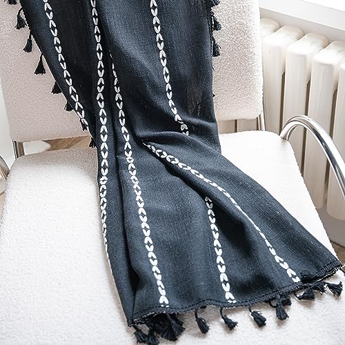 Sutuo Home Boho Curtains for Bedroom Living Room Kitchen, Semi Blackout Linen Farmhouse Shabby Chic Tassels Window Treatment Bohemian Embroidery Drape, Rod Pocket 1 Panel 52" W x 96" L, Black - color: Black Stripes, size: 52"W x 96"L (Pack of 1)