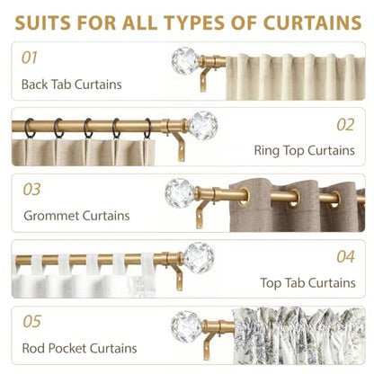 46-148" Gold Curtain Rods for window, 1" with Crystal Diamond Ball Finials