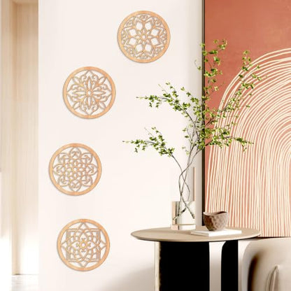 KOYILTD 4 Pcs Thicken Wooden Wall Art Rustic Farmhouse Flower Wall Art - color: Round, size: 8.2in