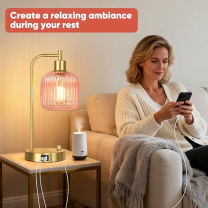 Pink Glass Table Lamps Set of 2, Dimmable Bedside Lamps for Living Room - color: Gold&Pink