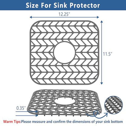 AWOKE Silicone Sink Protectors for Kitchen Sink, 12" x 11" Mat for bottom of sink, Center Drain Hole, Protect from Stains, Scratches, Dishwasher Safe Grid for Kitchen (2 Pack, Gray) - size: 12.25 x 11.5 2PCS Center Drain