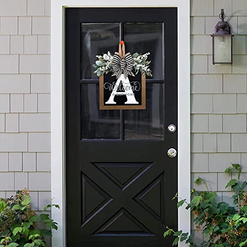 Last Name All Year Round Front Door Wreath with 26 Initial Letter Welcome Sign All Seasons Eucalyptus Garland and Bow ，Farmhouse, Porch, for Spring Summer Fall All Seasons Holiday Halloween Christmas.（A） - color: A