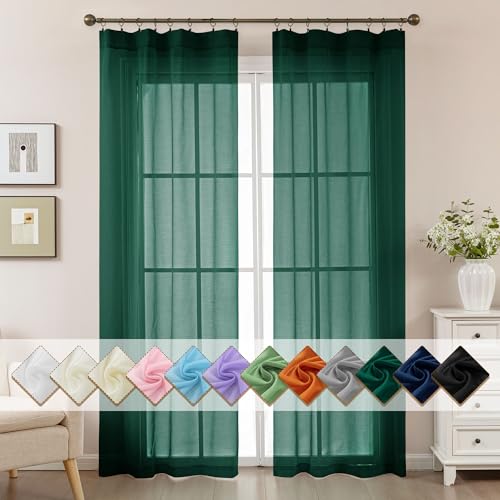 Green Sheer Curtains 84 Inches Long Rod Pocket - color: Hunter Green, size: 42"W x 84"L (Pack of 2)