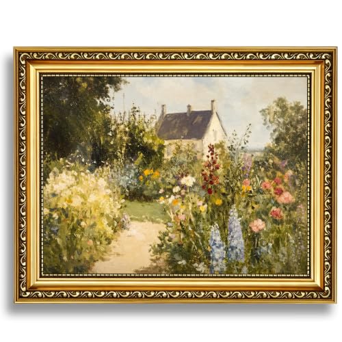 Vintage Gold Framed Farmhouse Landscape Wall Art, Natural Wildflower Countryside Wall Decor Pictures, Rustic Country Print Artwork Paintings for Bedroom Living Room and Bathroom - color: Cottage Garden, size: 12*16