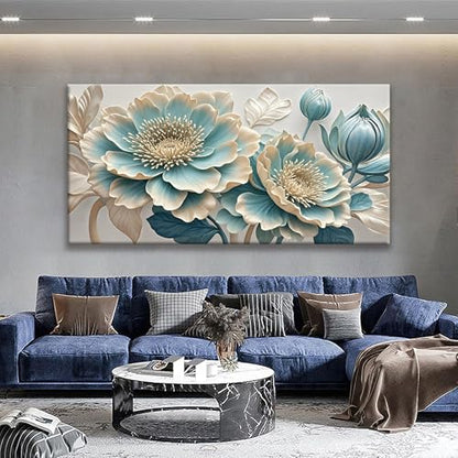 QSQ Large Blue White Flowers Wall Art For Living Room Picture 29" X 58" - color: KA7H, size: 58"L x 29"W