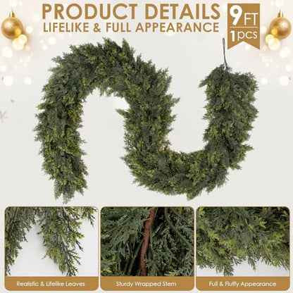 Daynight 9FT Christmas Garland, 1 Pcs Realistic Cedar Garlands - size: 9FT