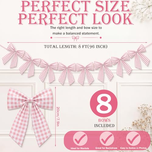 Flutesan 8 Ft Pink Gingham Bow Garland Fabric Banner for Xmas Party Decor - color: Pink, style: Gingham