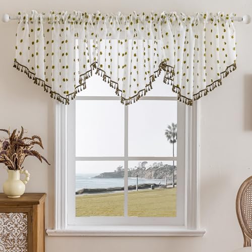 3 Pieces Boho Sheer Valances for Windows, Cute Pom Pom Rod Pocket Light Filtering Short Valance Curtains with Tassels for Nursery Kids Bedroom Bathroom Cafe (Green,55"x24") - color: Green