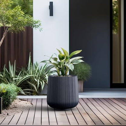 Kante Accent Round Curved Charcoal Concrete Planter 13" Dia, Outdoor - color: Ribbed Charcoal, size: 13" D