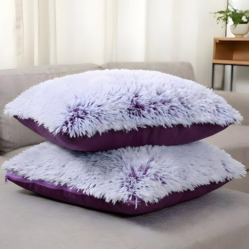 Cheer Collection Throw Pillows for Couch and Bed, Soft Shaggy Throw Pillows with Inserts Included, Cozy Long Hair Faux Fur Pillows - Set of 2-18" x 18" - Purple - color: Purple Ombre, size: 18 x 18-Inch