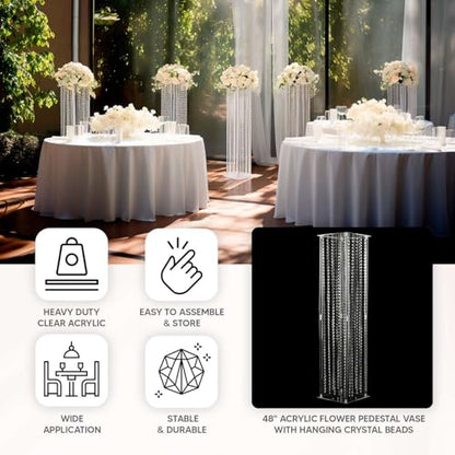 Efavormart 48" Heavy Duty Acrylic Flower Pedestal Vase with Hanging Crystal Beads, Clear Pillar Stand Wedding Floor Centerpieces with Pre-Chained Garlands - 5mm Thick Plates - size: 11"W x 48"H