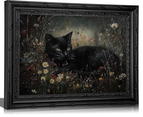 Framed Vintage Black Cat Wall Art,Gothic Cat Painting, Dark Academia Canvas Poster Prints,Moody Wildflower Animal Picture Wall Decor for Living Room Bedroom 16x24in - color: Black cat, size: 24"L x 16"W